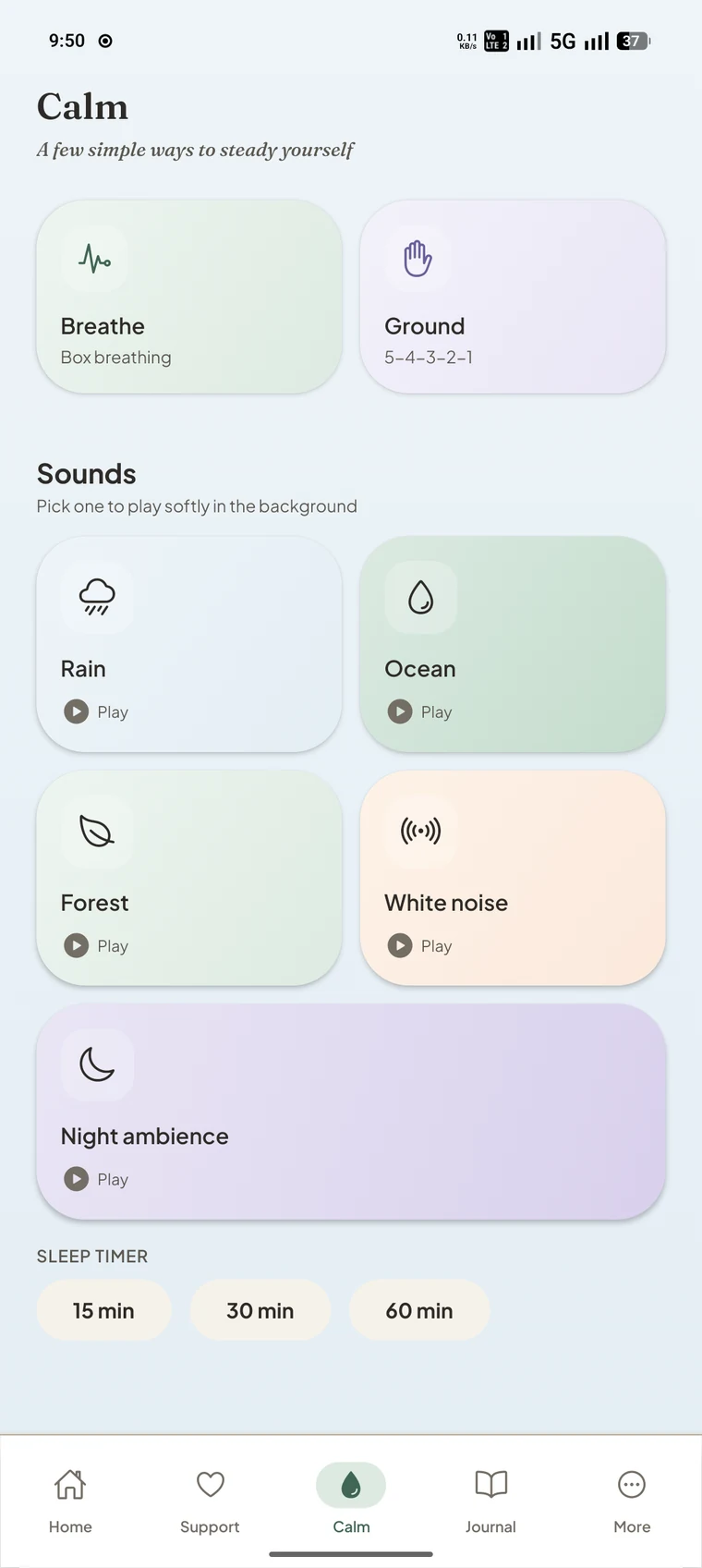 Dhyaniva Calm screen, showing breathing, grounding, and a library of calming sounds with a sleep timer.
