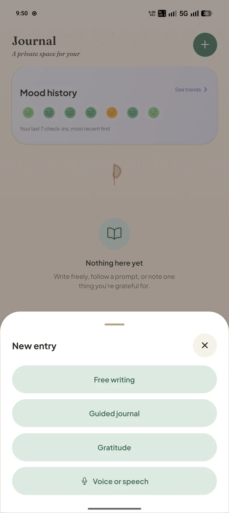 Dhyaniva Journal screen, showing mood history and options for free writing, guided journaling, gratitude, or voice entries.