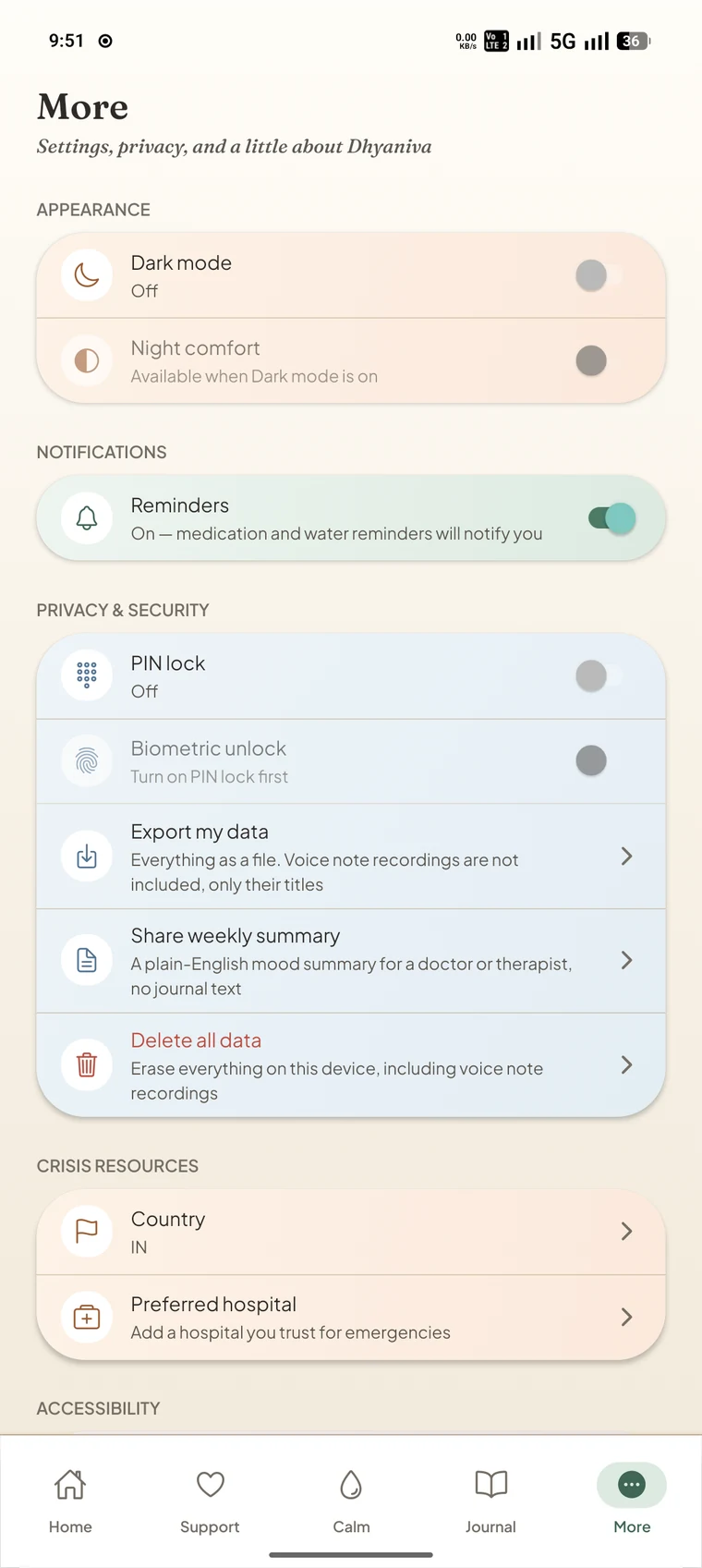 Dhyaniva More screen, showing dark mode, reminders, PIN lock, data export and delete, and crisis resources by country.