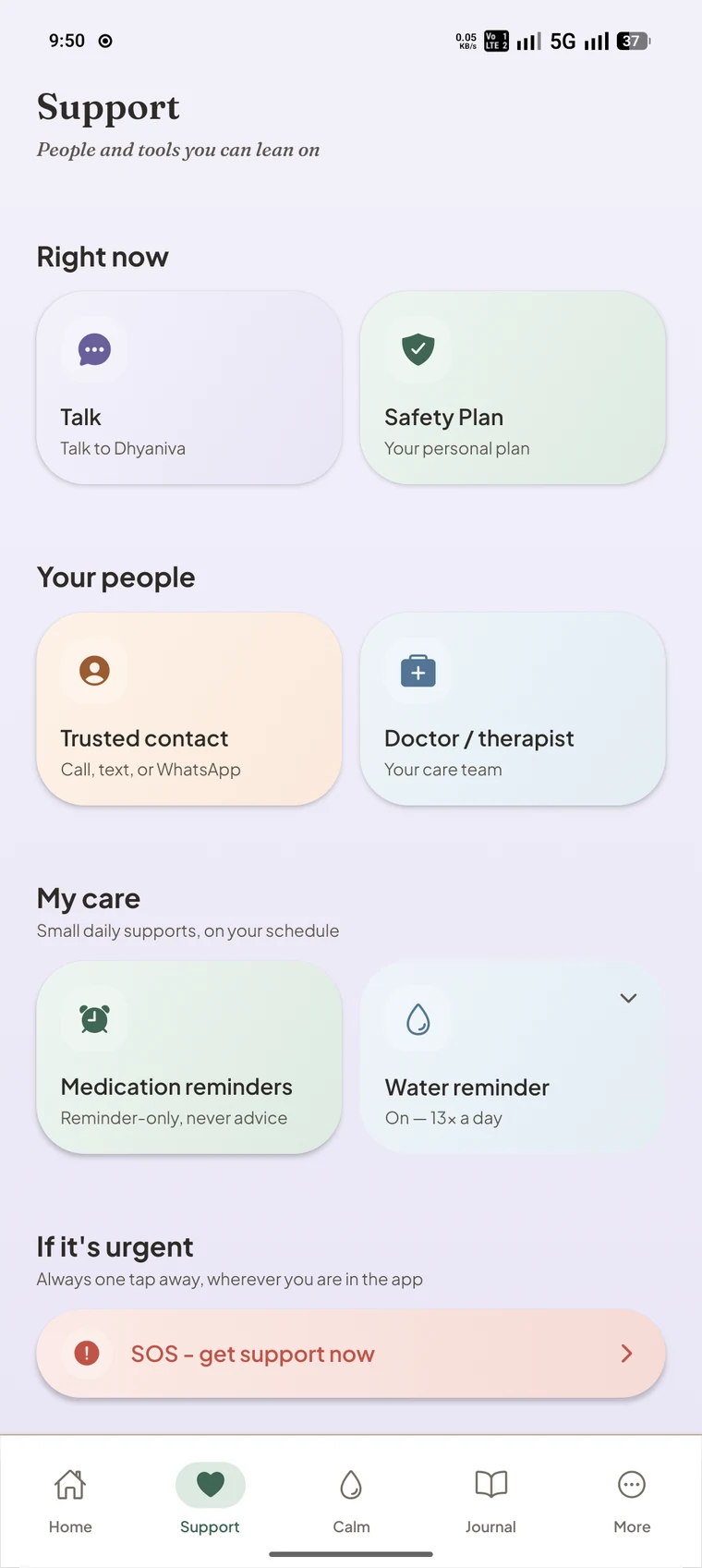 Dhyaniva Support screen, showing a safety plan, trusted contact, and doctor or therapist card.
